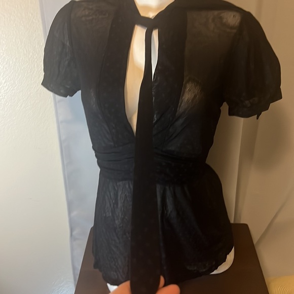 Women’s black sheer polka dot blouse with tie strings on the neck for bow - Picture 2 of 13